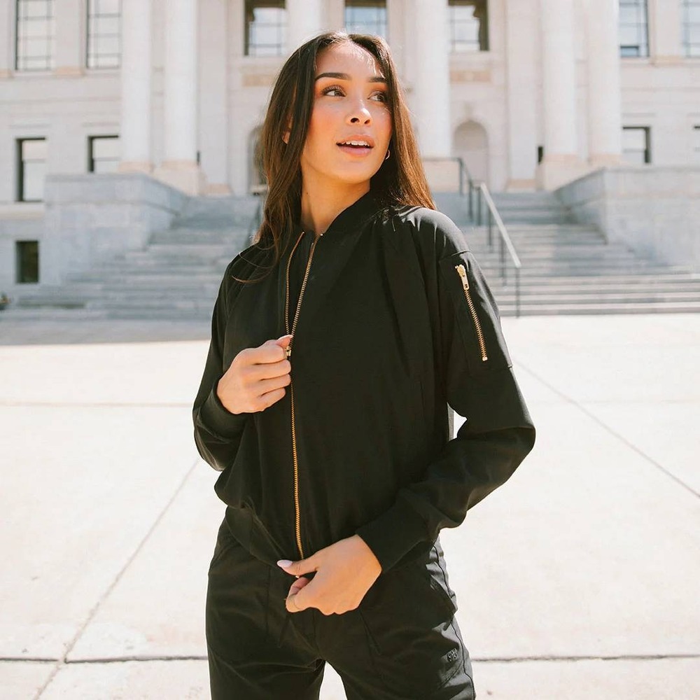 Albion Fit Gold Zip Utility Bomber Jacket Women XS Black